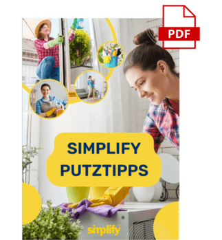 Titelbild eines PDFs mit dem Titel "SIMPLIFY PUTZTIPPS". Das Bild zeigt eine lächelnde Frau, die mit gelben Gummihandschuhen eine Oberfläche reinigt. Mehrere kleine Kreisbilder illustrieren verschiedene Reinigungstätigkeiten wie Fensterputzen und allgemeine Haushaltsreinigung. Oben rechts ist ein rotes PDF-Icon eingeblendet. Das Bild dient als Cover für einen Putztipps-Ratgeber.
