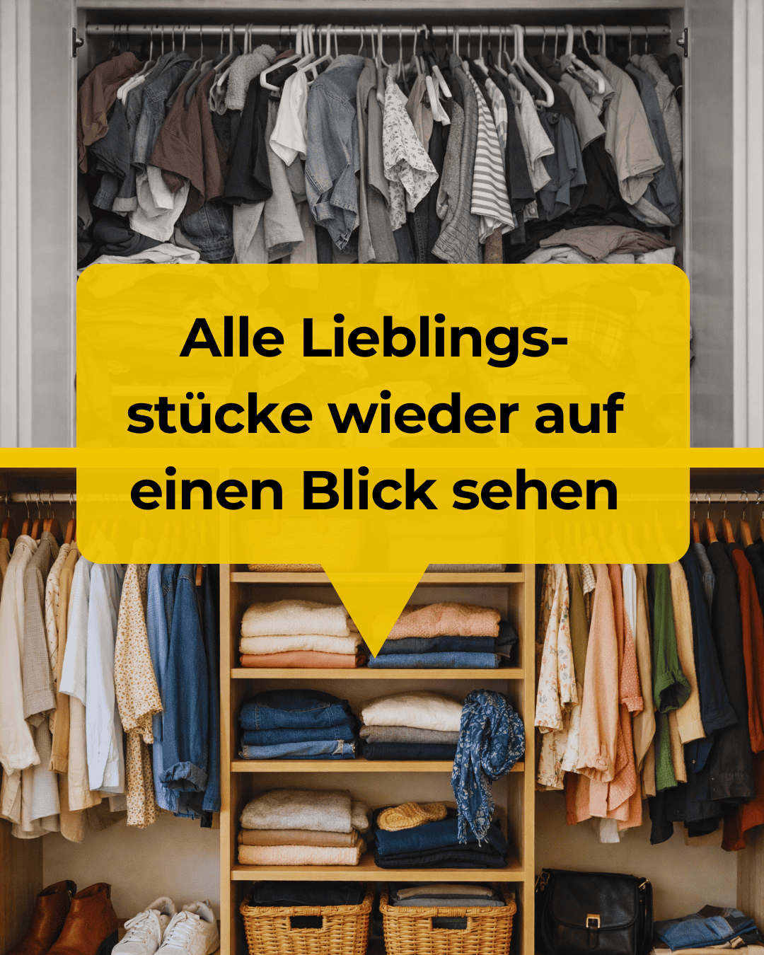 Bild eines geöffneten Kleiderschranks: oben ungeordnet mit Kleidung durcheinander, unten ordentlich gefaltet und sortiert. Für einen Vorher-Nachher-Vergleich.