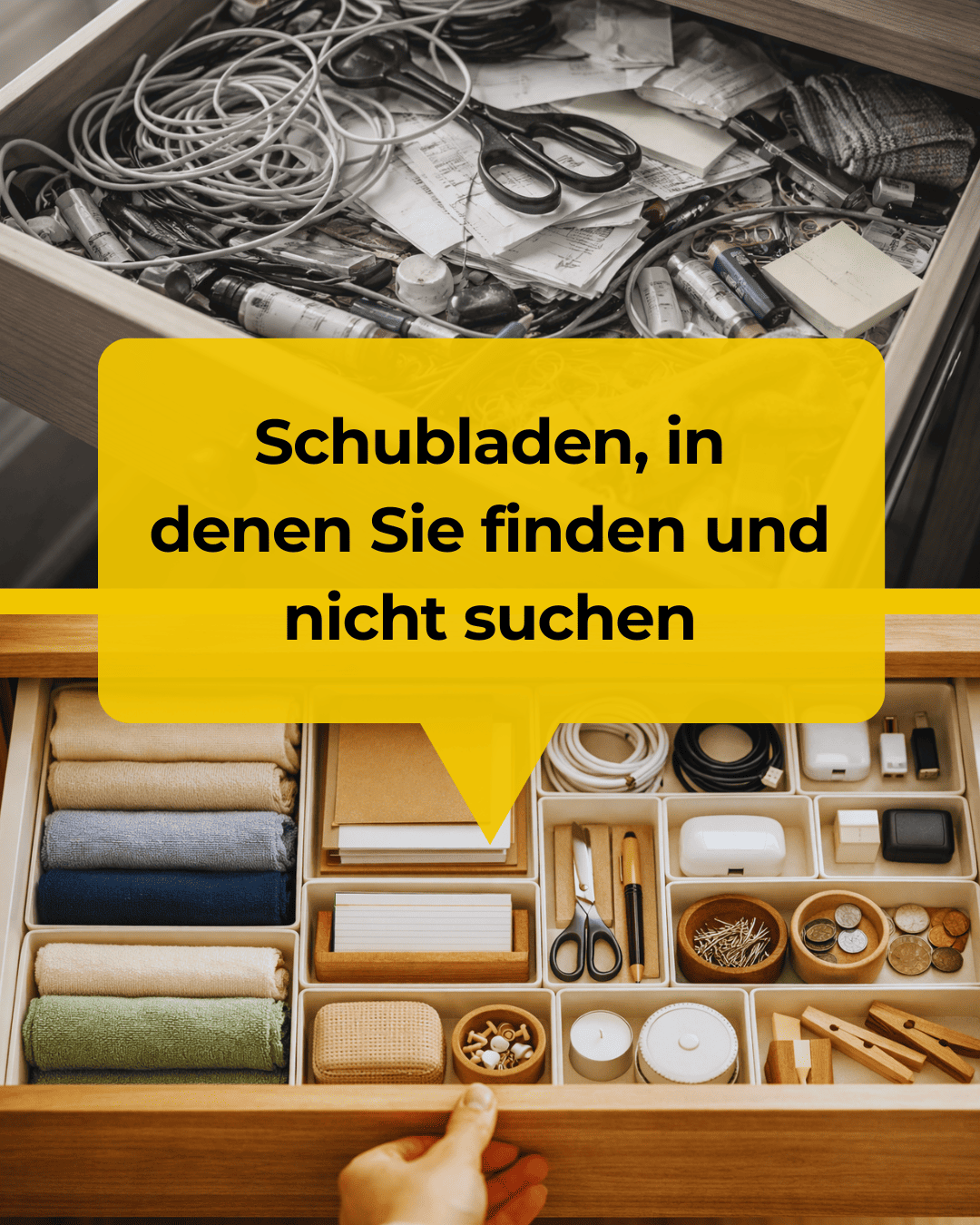 Bild einer geöffneten Schublade: oben unordentlich mit Kabeln und Papieren, unten ordentlich sortiert in Fächer unterteilt. Für einen Vorher-Nachher-Vergleich.