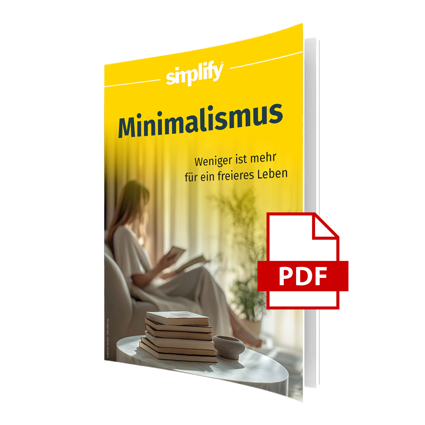 Halfopen-Book-Mockup-new-mm.png Mockup eines aufgeschlagenen Buches mit gelbem Cover und dem Titel ‚Minimalismus – Weniger ist mehr für ein freieres Leben‘ von simplify. Auf dem Titelbild sitzt eine Frau im hellen, minimalistischen Wohnzimmer und liest, im Vordergrund liegt ein Bücherstapel auf einem runden Marmortisch. Ein rotes PDF-Symbol zeigt an, dass es sich um eine digitale Ausgabe handelt.