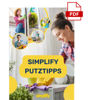 Cover-simpTW-1-.png Titelbild eines PDFs mit dem Titel "SIMPLIFY PUTZTIPPS". Das Bild zeigt eine lächelnde Frau, die mit gelben Gummihandschuhen eine Oberfläche reinigt. Mehrere kleine Kreisbilder illustrieren verschiedene Reinigungstätigkeiten wie Fensterputzen und allgemeine Haushaltsreinigung. Oben rechts ist ein rotes PDF-Icon eingeblendet. Das Bild dient als Cover für einen Putztipps-Ratgeber.