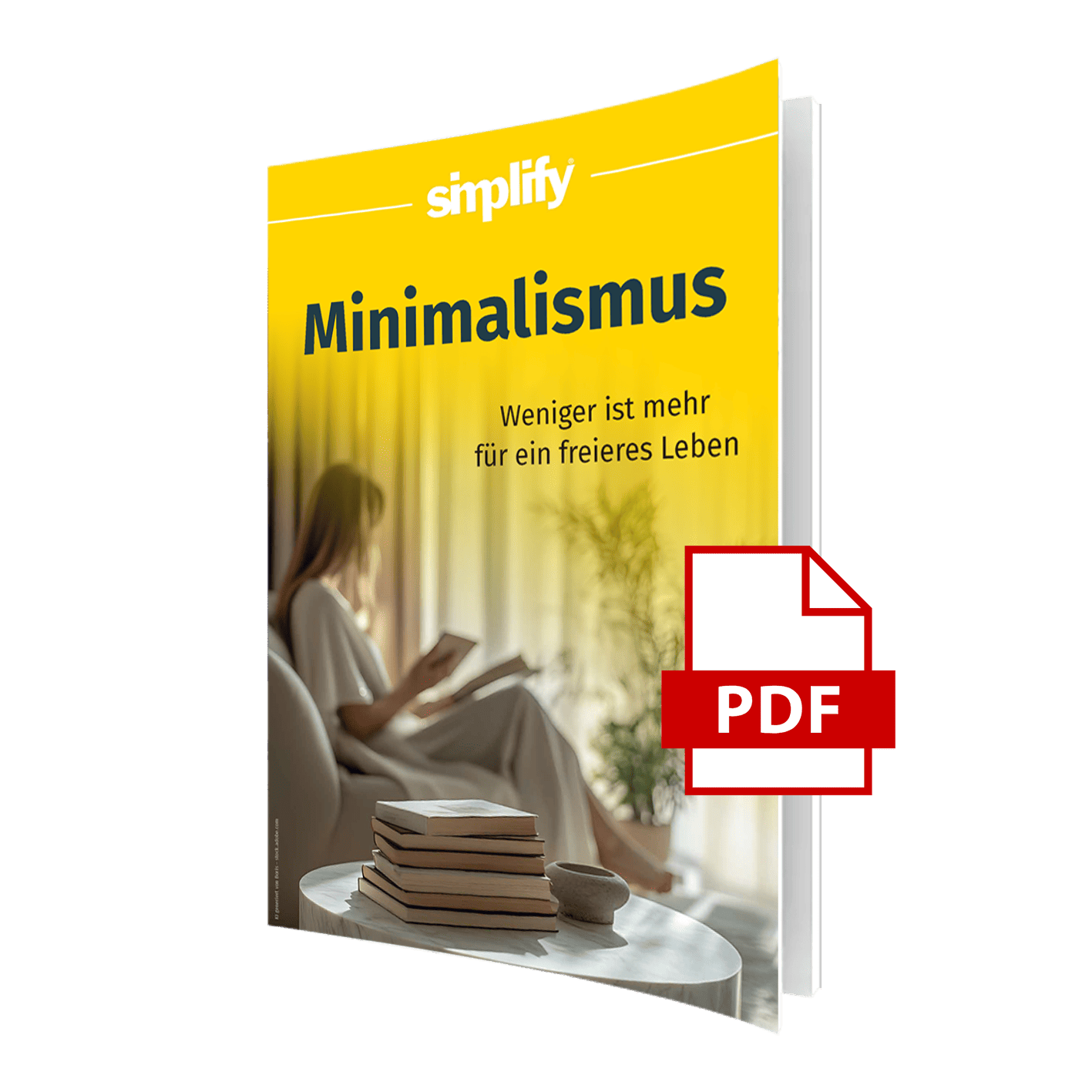 Mockup eines aufgeschlagenen Buches mit gelbem Cover und dem Titel ‚Minimalismus – Weniger ist mehr für ein freieres Leben‘ von simplify. Auf dem Titelbild sitzt eine Frau im hellen, minimalistischen Wohnzimmer und liest, im Vordergrund liegt ein Bücherstapel auf einem runden Marmortisch. Ein rotes PDF-Symbol zeigt an, dass es sich um eine digitale Ausgabe handelt.